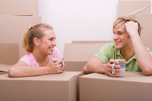 Moving boxes arranged systematically in a storage unit.
